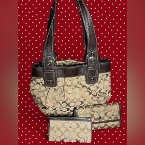 Coach Brown and Tan Shoulder Bag with Wallet